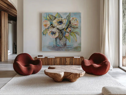 Soft Blooms by Jeanette Vertentes. Shown as extra-large giant wall art in a modern living room. Available as an archival giclee rolled canvas, fine art paper, or poster print. SKU 73212a.