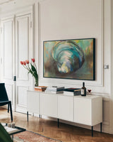 Solo Quahog by Jeanette Vertentes. shown as a framed stretched canvas in a living room above a console. Available as a archival giclee rolled canvas, fine art paper, or poster print. SKU 49332i.