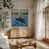 Spirit by Jeanette Vertentes. Shown in a natural wood frame in a cozy modern living room. Available as an archival giclee rolled canvas, fine art paper, or poster print. SKU 79995a.