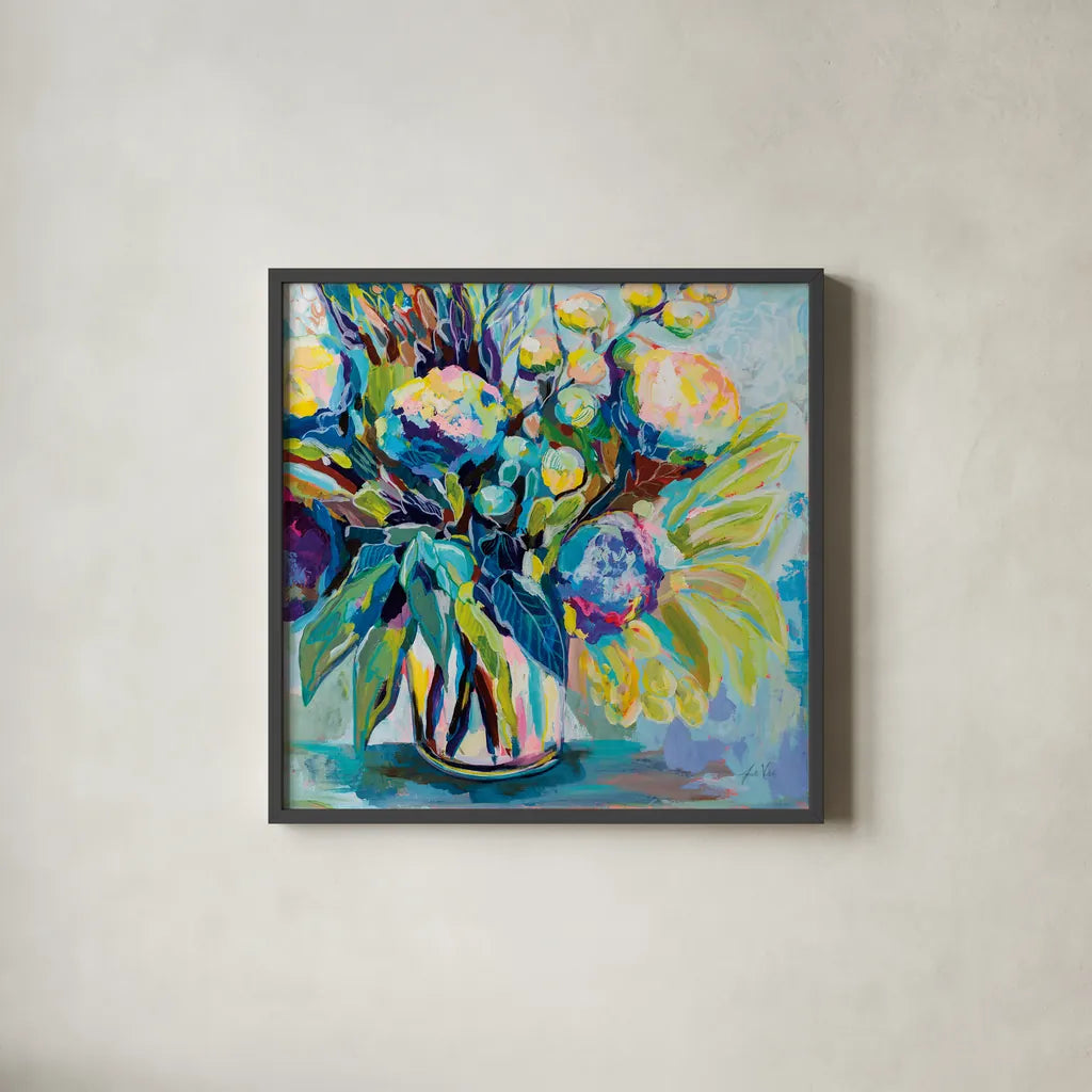 Spring Bloom by Jeanette Vertentes. Shown in a sleek black glass frame for a contemporary gallery look. Available as an archival giclee rolled canvas, fine art paper, or poster print. SKU 71504a.