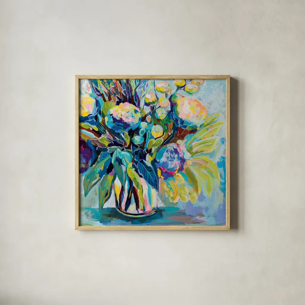 Spring Bloom by Jeanette Vertentes. Shown in a natural wood glass frame for a timeless modern aesthetic. Available as an archival giclee rolled canvas, fine art paper, or poster print. SKU 71504a.