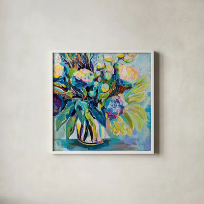 Spring Bloom by Jeanette Vertentes. Shown in a crisp white glass frame for a clean and minimalist style. Available as an archival giclee rolled canvas, fine art paper, or poster print. SKU 71504a.