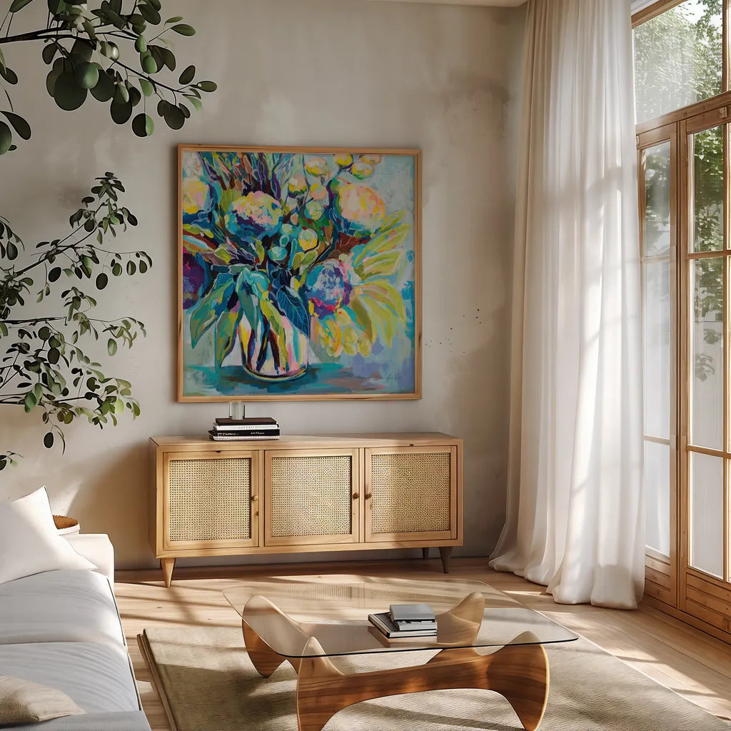 Spring Bloom by Jeanette Vertentes. Shown in a natural wood frame in a cozy modern living room. Available as an archival giclee rolled canvas, fine art paper, or poster print. SKU 71504a.