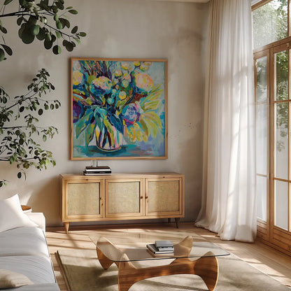 Spring Bloom by Jeanette Vertentes. Shown in a natural wood frame in a cozy modern living room. Available as an archival giclee rolled canvas, fine art paper, or poster print. SKU 71504a.