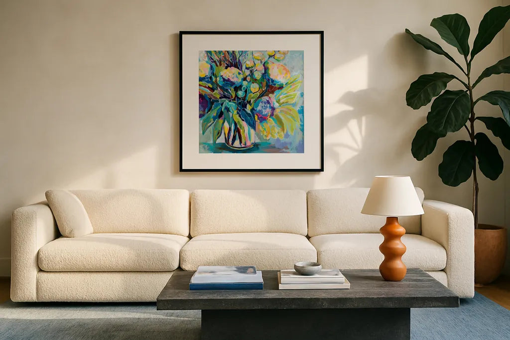 Spring Bloom by Jeanette Vertentes. Displayed in a glass frame with matte in a clean modern living room. Available as an archival giclee rolled canvas, fine art paper, or poster print. SKU 71504a.