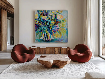 Spring Bloom by Jeanette Vertentes. Shown as extra-large giant wall art in a modern living room. Available as an archival giclee rolled canvas, fine art paper, or poster print. SKU 71504a.
