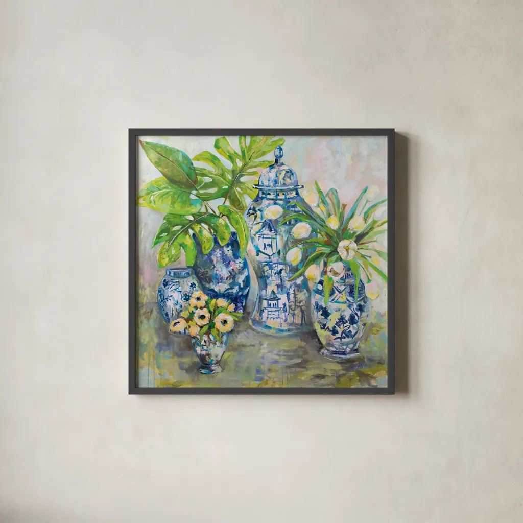 Spring Ginger by Jeanette Vertentes. Shown in a sleek black glass frame for a contemporary gallery look. Available as an archival giclee rolled canvas, fine art paper, or poster print. SKU 53919a.