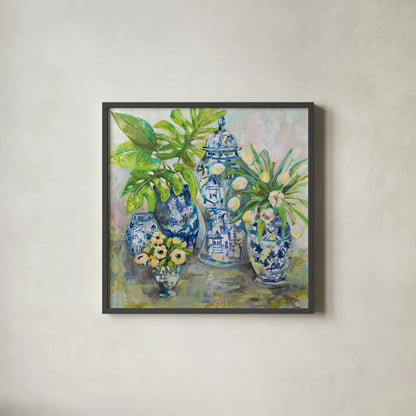 Spring Ginger by Jeanette Vertentes. Shown in a sleek black glass frame for a contemporary gallery look. Available as an archival giclee rolled canvas, fine art paper, or poster print. SKU 53919a.