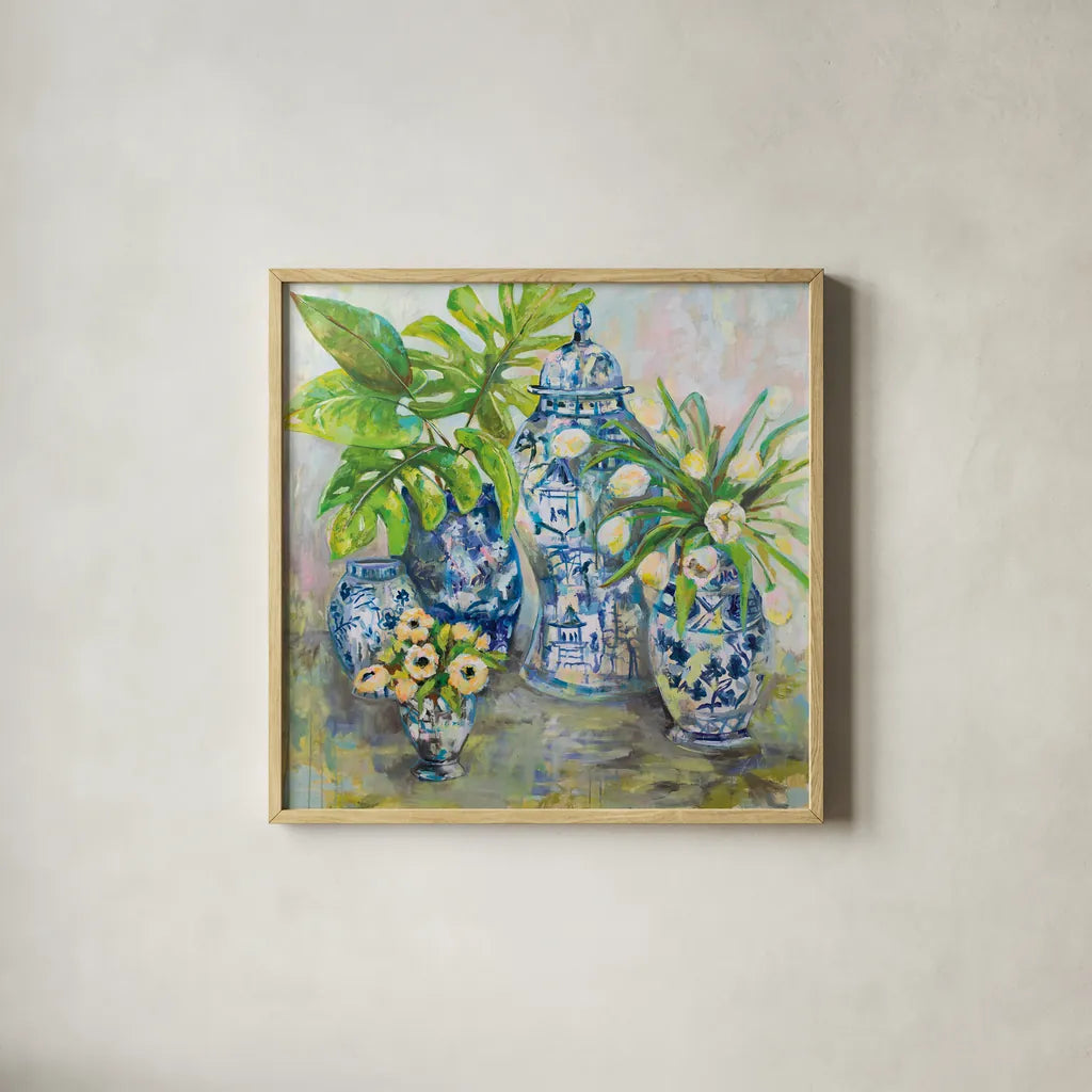 Spring Ginger by Jeanette Vertentes. Shown in a natural wood glass frame for a timeless modern aesthetic. Available as an archival giclee rolled canvas, fine art paper, or poster print. SKU 53919a.