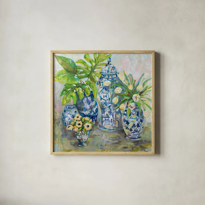 Spring Ginger by Jeanette Vertentes. Shown in a natural wood glass frame for a timeless modern aesthetic. Available as an archival giclee rolled canvas, fine art paper, or poster print. SKU 53919a.