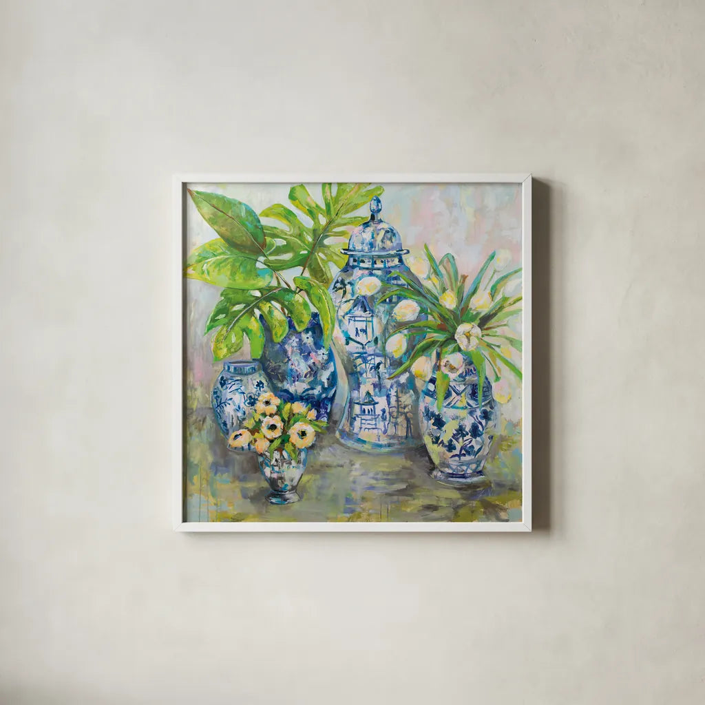 Spring Ginger by Jeanette Vertentes. Shown in a crisp white glass frame for a clean and minimalist style. Available as an archival giclee rolled canvas, fine art paper, or poster print. SKU 53919a.