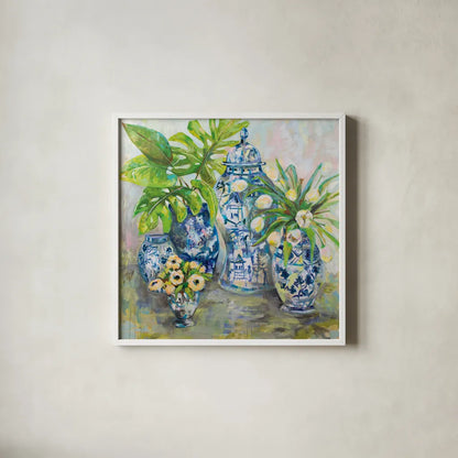 Spring Ginger by Jeanette Vertentes. Shown in a crisp white glass frame for a clean and minimalist style. Available as an archival giclee rolled canvas, fine art paper, or poster print. SKU 53919a.