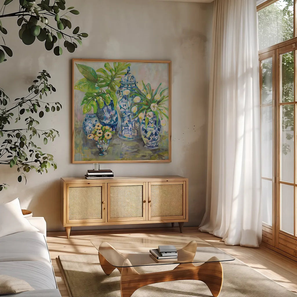 Spring Ginger by Jeanette Vertentes. Shown in a natural wood frame in a cozy modern living room. Available as an archival giclee rolled canvas, fine art paper, or poster print. SKU 53919a.