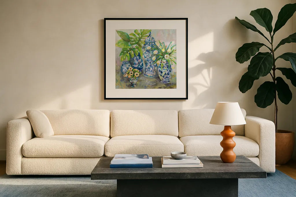 Spring Ginger by Jeanette Vertentes. Displayed in a glass frame with matte in a clean modern living room. Available as an archival giclee rolled canvas, fine art paper, or poster print. SKU 53919a.