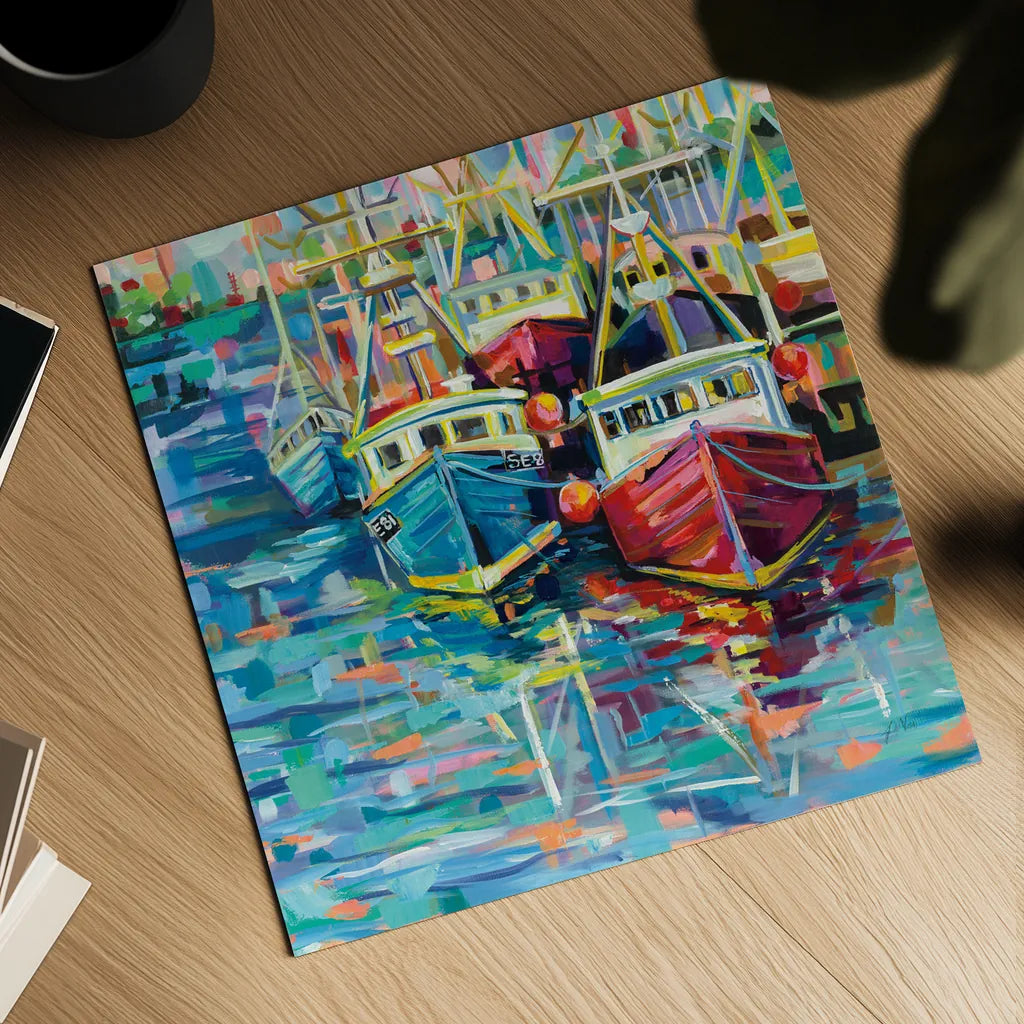 Stonington Docks by Jeanette Vertentes. Shown as a detailed flat fine art print, highlighting archival giclee quality. Available as an archival giclee rolled canvas, fine art paper, or poster print. SKU 53173a.