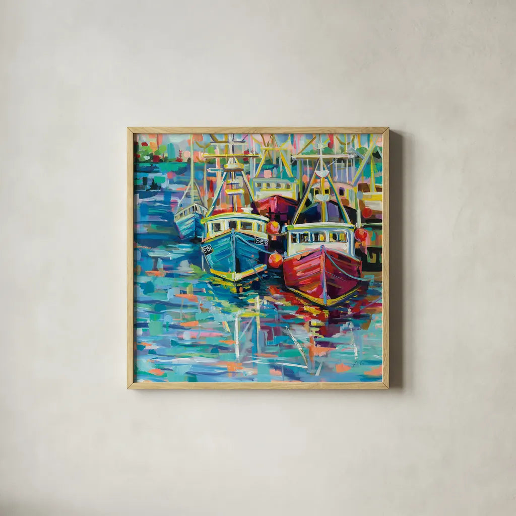 Stonington Docks by Jeanette Vertentes. Shown in a natural wood glass frame for a timeless modern aesthetic. Available as an archival giclee rolled canvas, fine art paper, or poster print. SKU 53173a.
