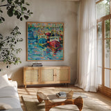 Stonington Docks by Jeanette Vertentes. Shown in a natural wood frame in a cozy modern living room. Available as an archival giclee rolled canvas, fine art paper, or poster print. SKU 53173a.