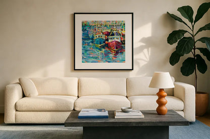 Stonington Docks by Jeanette Vertentes. Displayed in a glass frame with matte in a clean modern living room. Available as an archival giclee rolled canvas, fine art paper, or poster print. SKU 53173a.