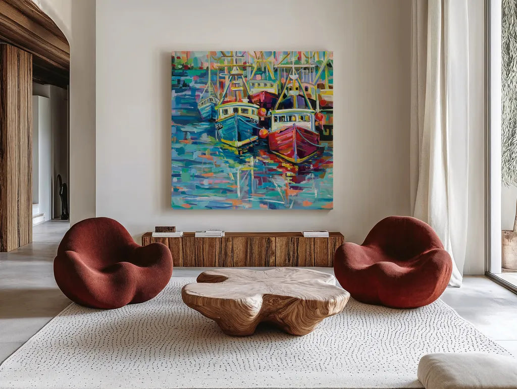 Stonington Docks by Jeanette Vertentes. Shown as extra-large giant wall art in a modern living room. Available as an archival giclee rolled canvas, fine art paper, or poster print. SKU 53173a.