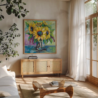 Summer by Jeanette Vertentes. Shown in a natural wood frame in a cozy modern living room. Available as an archival giclee rolled canvas, fine art paper, or poster print. SKU 53145a.
