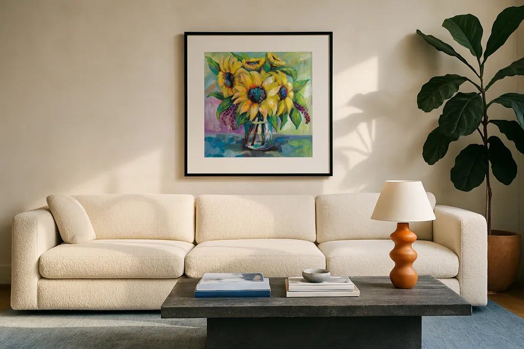 Summer by Jeanette Vertentes. Displayed in a glass frame with matte in a clean modern living room. Available as an archival giclee rolled canvas, fine art paper, or poster print. SKU 53145a.