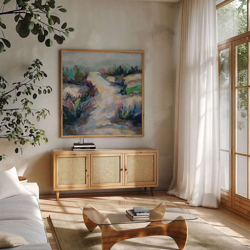 Summer Breeze by Jeanette Vertentes. Shown in a natural wood frame in a cozy modern living room. Available as an archival giclee rolled canvas, fine art paper, or poster print. SKU 93135a.