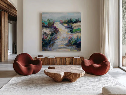 Summer Breeze by Jeanette Vertentes. Shown as extra-large giant wall art in a modern living room. Available as an archival giclee rolled canvas, fine art paper, or poster print. SKU 93135a.