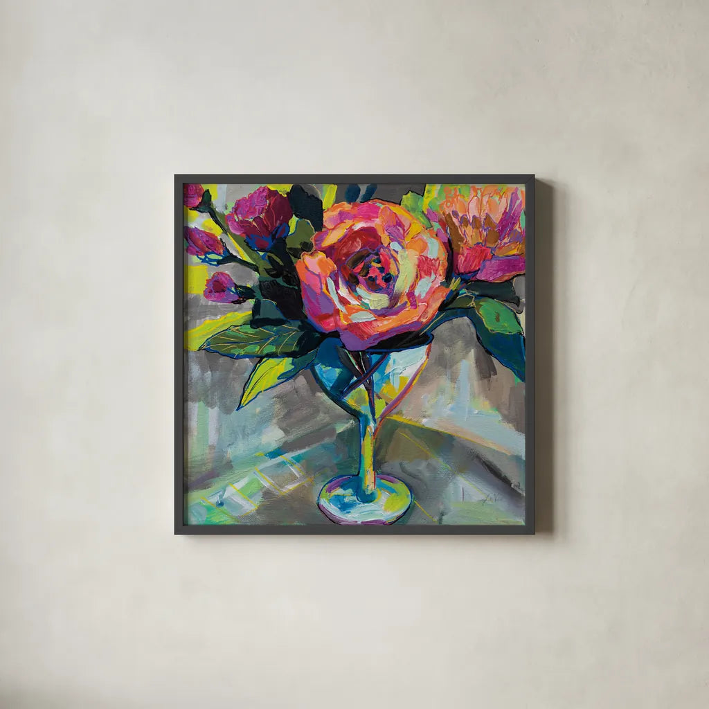Summer Cocktail by Jeanette Vertentes. Shown in a sleek black glass frame for a contemporary gallery look. Available as an archival giclee rolled canvas, fine art paper, or poster print. SKU 53899a.