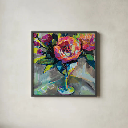 Summer Cocktail by Jeanette Vertentes. Shown in a sleek black glass frame for a contemporary gallery look. Available as an archival giclee rolled canvas, fine art paper, or poster print. SKU 53899a.