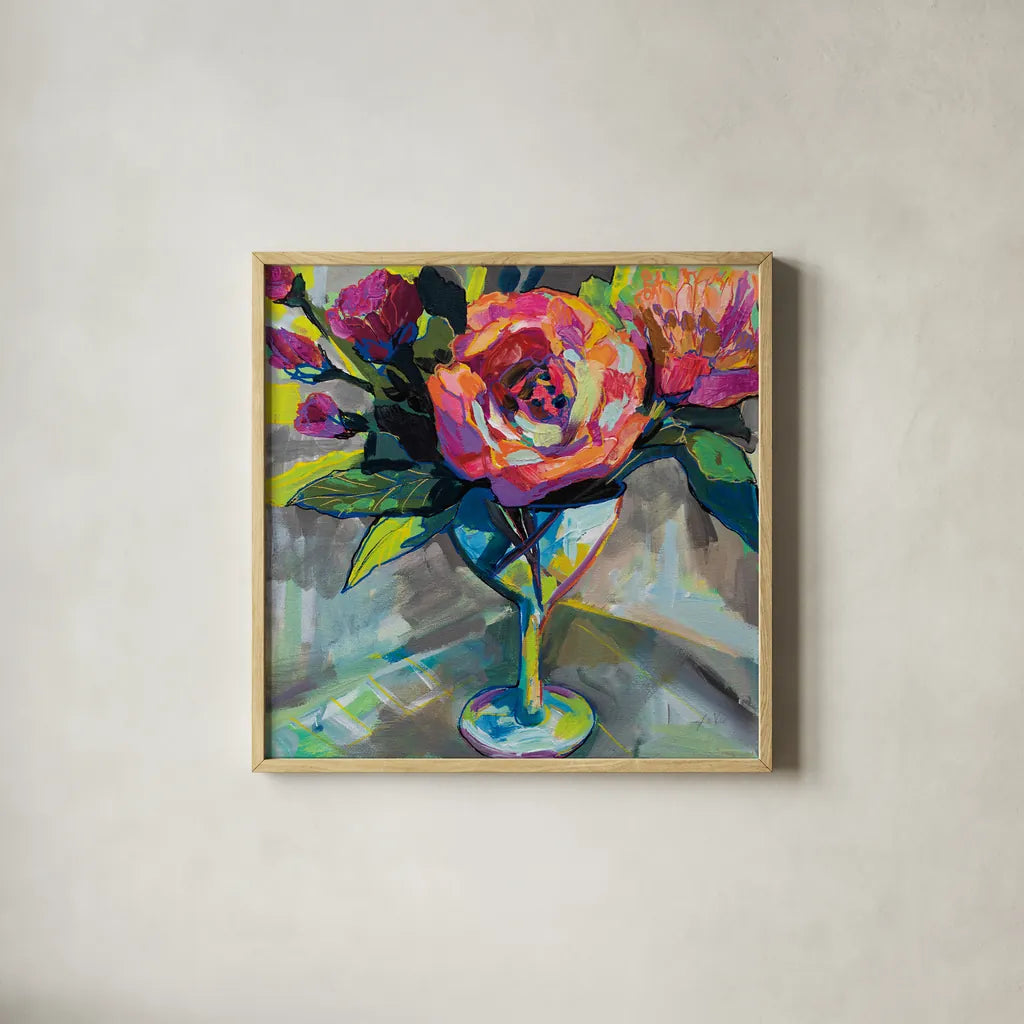 Summer Cocktail by Jeanette Vertentes. Shown in a natural wood glass frame for a timeless modern aesthetic. Available as an archival giclee rolled canvas, fine art paper, or poster print. SKU 53899a.