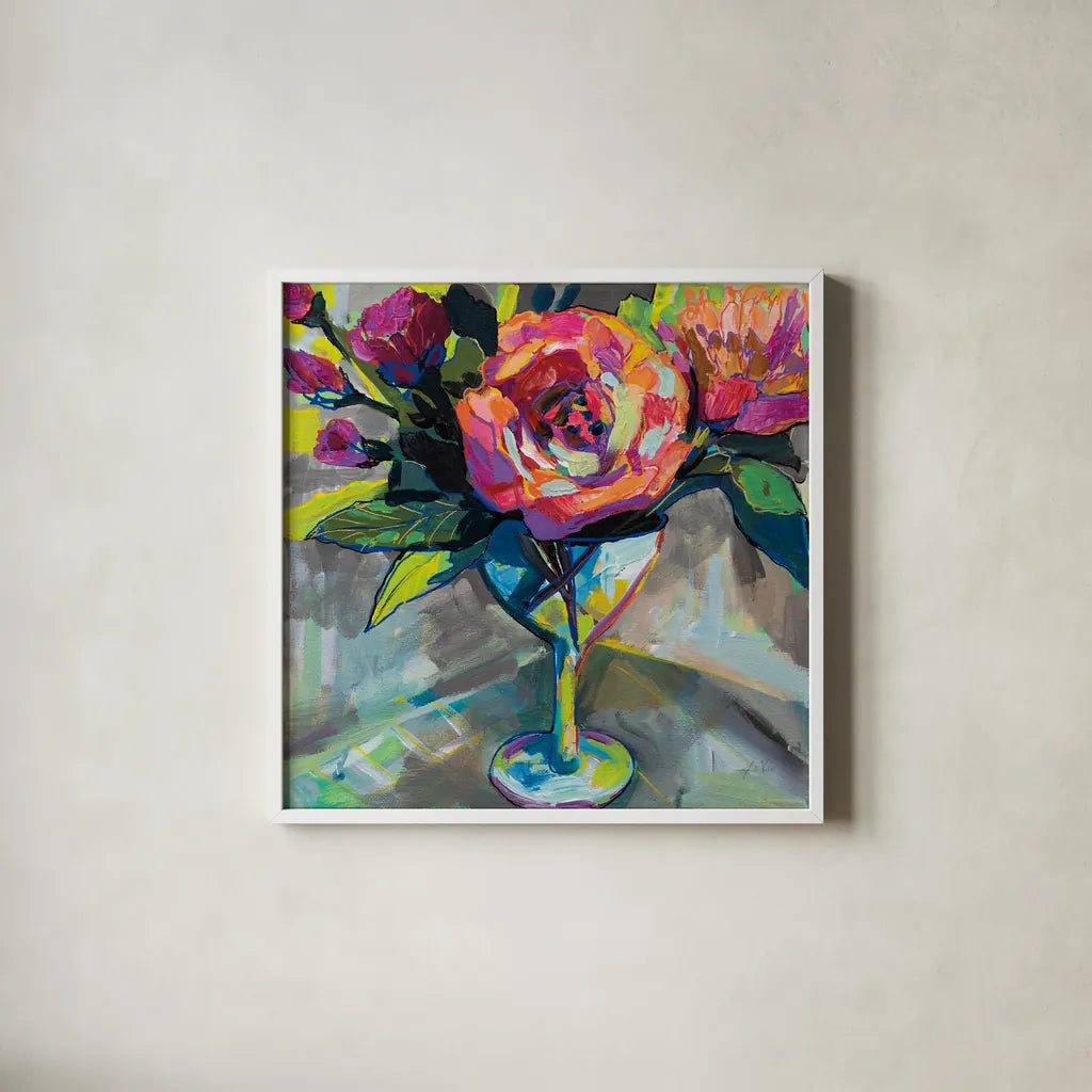 Summer Cocktail by Jeanette Vertentes. Shown in a crisp white glass frame for a clean and minimalist style. Available as an archival giclee rolled canvas, fine art paper, or poster print. SKU 53899a.