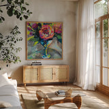 Summer Cocktail by Jeanette Vertentes. Shown in a natural wood frame in a cozy modern living room. Available as an archival giclee rolled canvas, fine art paper, or poster print. SKU 53899a.