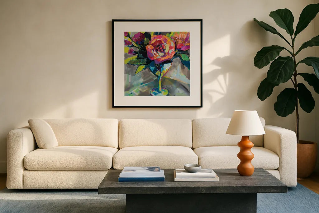 Summer Cocktail by Jeanette Vertentes. Displayed in a glass frame with matte in a clean modern living room. Available as an archival giclee rolled canvas, fine art paper, or poster print. SKU 53899a.
