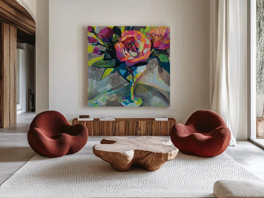 Summer Cocktail by Jeanette Vertentes. Shown as extra-large giant wall art in a modern living room. Available as an archival giclee rolled canvas, fine art paper, or poster print. SKU 53899a.