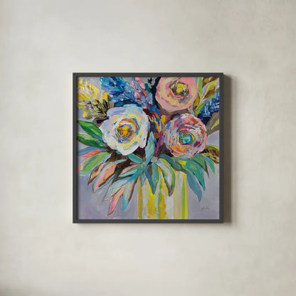 Summer Gifts by Jeanette Vertentes. Shown in a sleek black glass frame for a contemporary gallery look. Available as an archival giclee rolled canvas, fine art paper, or poster print. SKU 100305a.