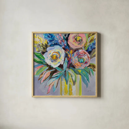Summer Gifts by Jeanette Vertentes. Shown in a natural wood glass frame for a timeless modern aesthetic. Available as an archival giclee rolled canvas, fine art paper, or poster print. SKU 100305a.