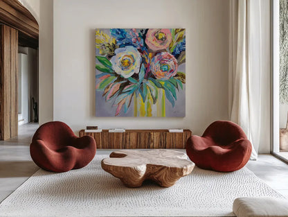 Summer Gifts by Jeanette Vertentes. Shown as extra-large giant wall art in a modern living room. Available as an archival giclee rolled canvas, fine art paper, or poster print. SKU 100305a.