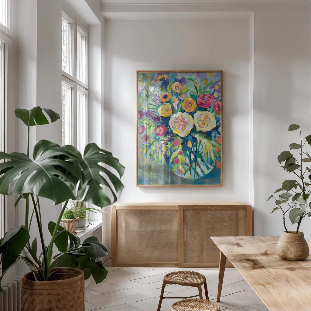 Summer Joy by Jeanette Vertentes. shown as a print in a natural wood frame in a dining room. Available as a archival giclee rolled canvas, fine art paper, or poster print. SKU 53915h.