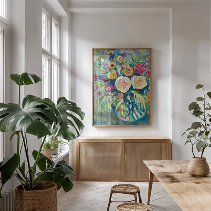 Summer Joy by Jeanette Vertentes. shown as a print in a natural wood frame in a dining room. Available as a archival giclee rolled canvas, fine art paper, or poster print. SKU 53915h.