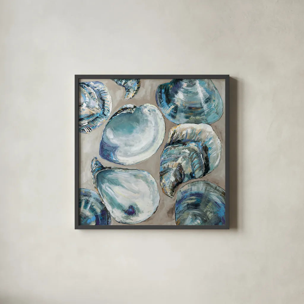 Summer Party Blue by Jeanette Vertentes. Shown in a sleek black glass frame for a contemporary gallery look. Available as an archival giclee rolled canvas, fine art paper, or poster print. SKU 97040a.