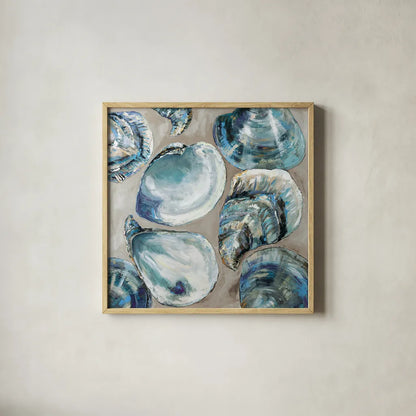 Summer Party Blue by Jeanette Vertentes. Shown in a natural wood glass frame for a timeless modern aesthetic. Available as an archival giclee rolled canvas, fine art paper, or poster print. SKU 97040a.