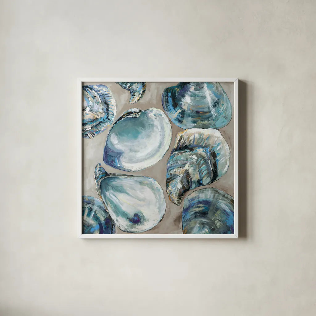 Summer Party Blue by Jeanette Vertentes. Shown in a crisp white glass frame for a clean and minimalist style. Available as an archival giclee rolled canvas, fine art paper, or poster print. SKU 97040a.