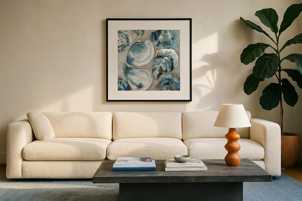Summer Party Blue by Jeanette Vertentes. Displayed in a glass frame with matte in a clean modern living room. Available as an archival giclee rolled canvas, fine art paper, or poster print. SKU 97040a.