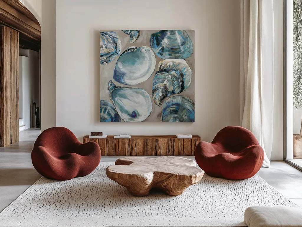 Summer Party Blue by Jeanette Vertentes. Shown as extra-large giant wall art in a modern living room. Available as an archival giclee rolled canvas, fine art paper, or poster print. SKU 97040a.