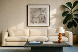 Summer Party Pink by Jeanette Vertentes. Displayed in a glass frame with matte in a clean modern living room. Available as an archival giclee rolled canvas, fine art paper, or poster print. SKU 92736a.