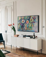 Summer Pop by Jeanette Vertentes. shown as a framed stretched canvas in a living room above a console. Available as a archival giclee rolled canvas, fine art paper, or poster print. SKU 71506i.