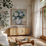 Summers Treasure by Jeanette Vertentes. Shown in a natural wood frame in a cozy modern living room. Available as an archival giclee rolled canvas, fine art paper, or poster print. SKU 85012a.
