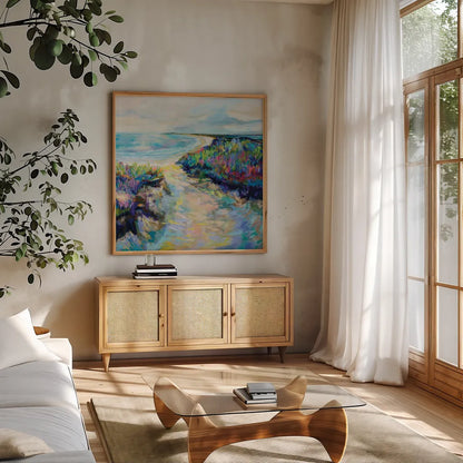 Sunday Afternoon by Jeanette Vertentes. Shown in a natural wood frame in a cozy modern living room. Available as an archival giclee rolled canvas, fine art paper, or poster print. SKU 78293a.