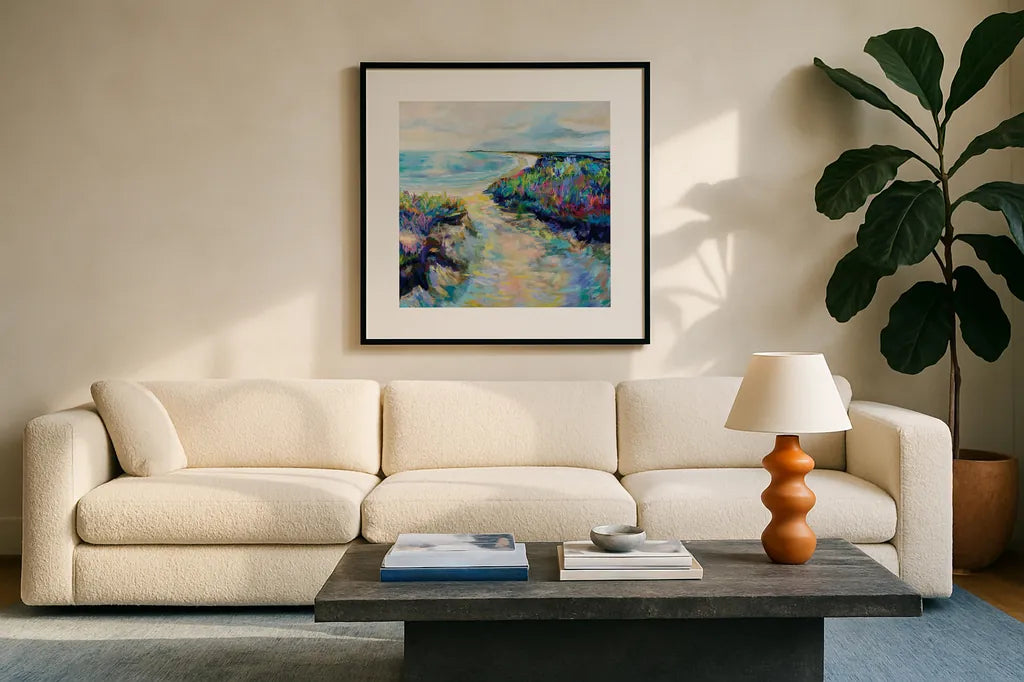 Sunday Afternoon by Jeanette Vertentes. Displayed in a glass frame with matte in a clean modern living room. Available as an archival giclee rolled canvas, fine art paper, or poster print. SKU 78293a.