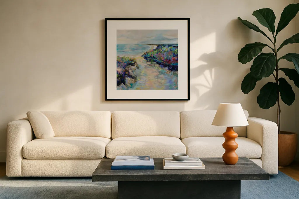 Sunday Afternoon by Jeanette Vertentes. Displayed in a glass frame with matte in a clean modern living room. Available as an archival giclee rolled canvas, fine art paper, or poster print. SKU 91759a.